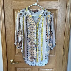 Olive Hill Boho Button Front Printed Blouse Top Small